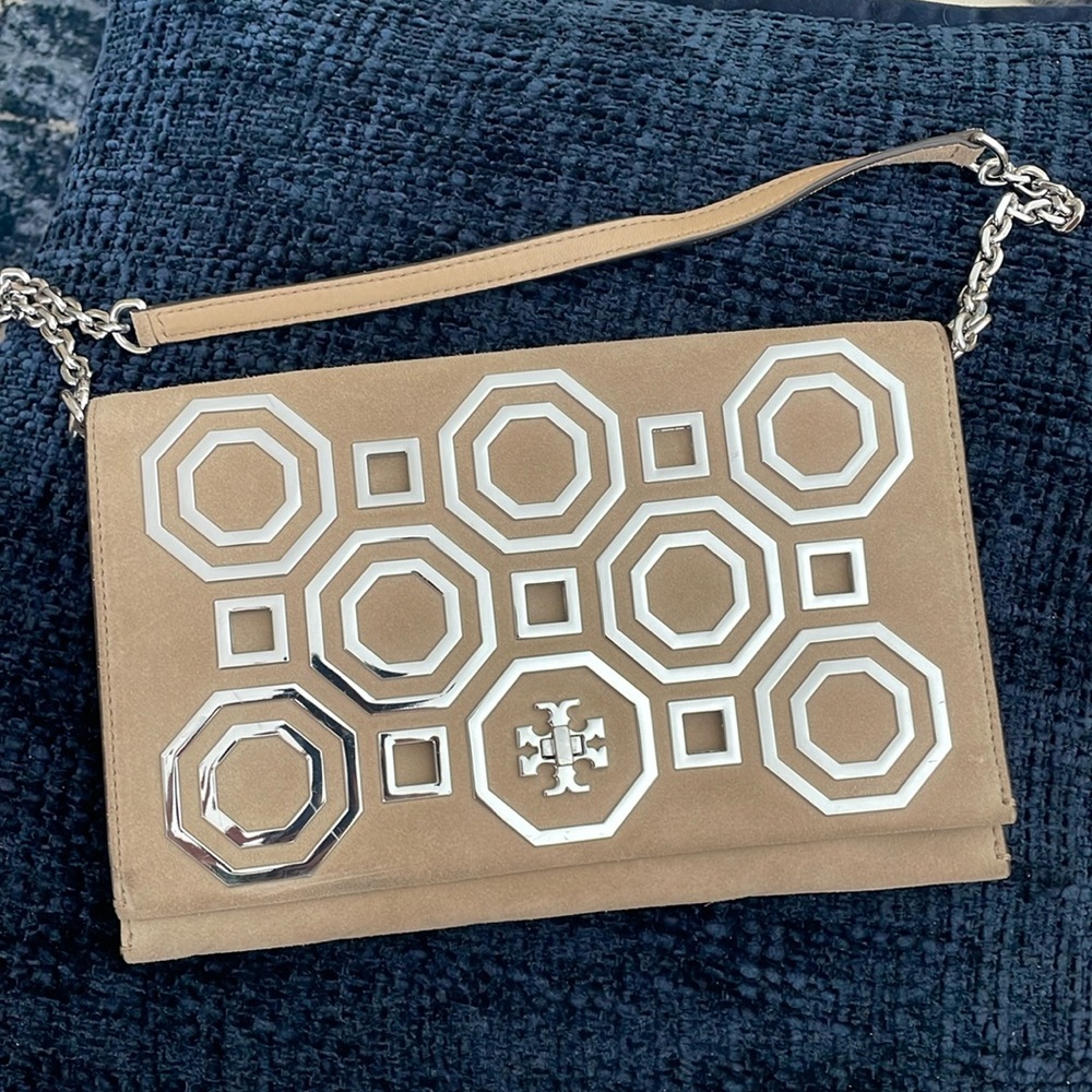 Tory Burch Kira Octagon Suede Purse, Clutch with Strap - Nude/Neutral